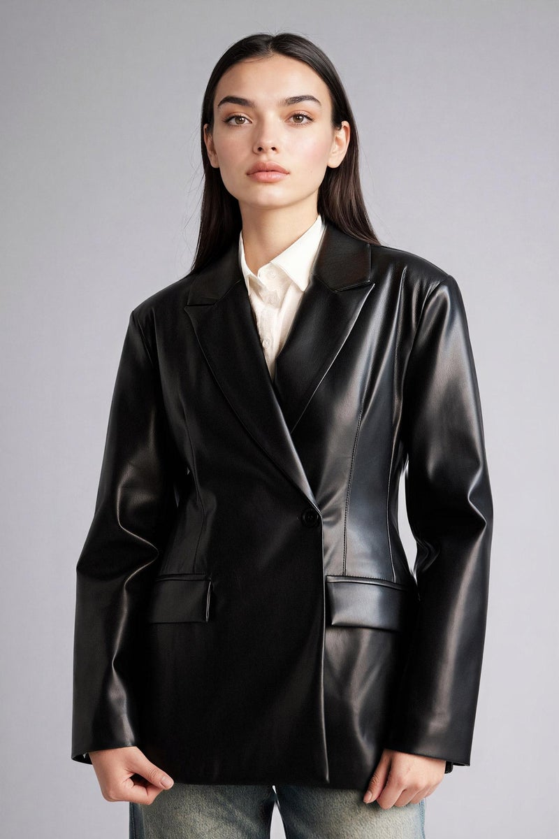 DeFacto Black Woman Slim Fit Jacket Collar Faux Leather Blazer Casual - Image 4
